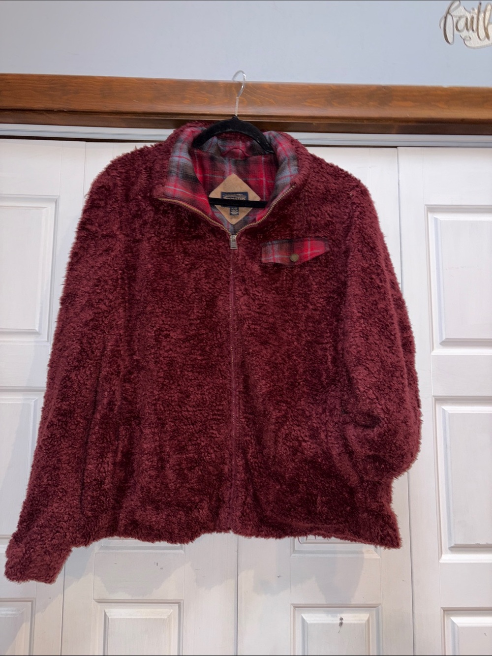 Pendleton Burgundy Plush Zip-Up Puffer Jacket with Plaid Trim